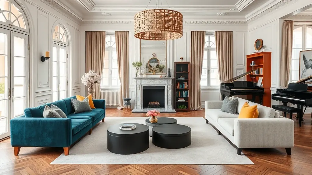 Salon ouvert avec 2 canapé et un coin piano